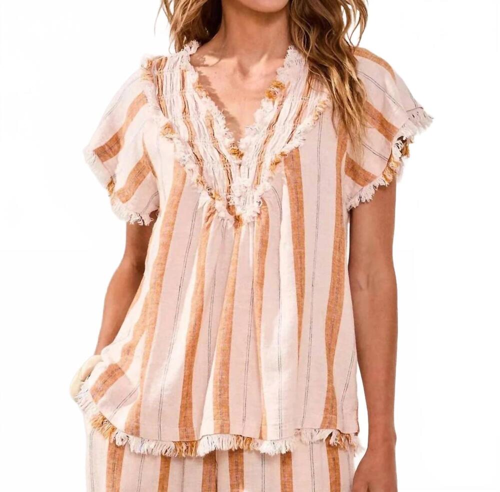 NEW TRIBAL textured linen v-neck top in sahara beige